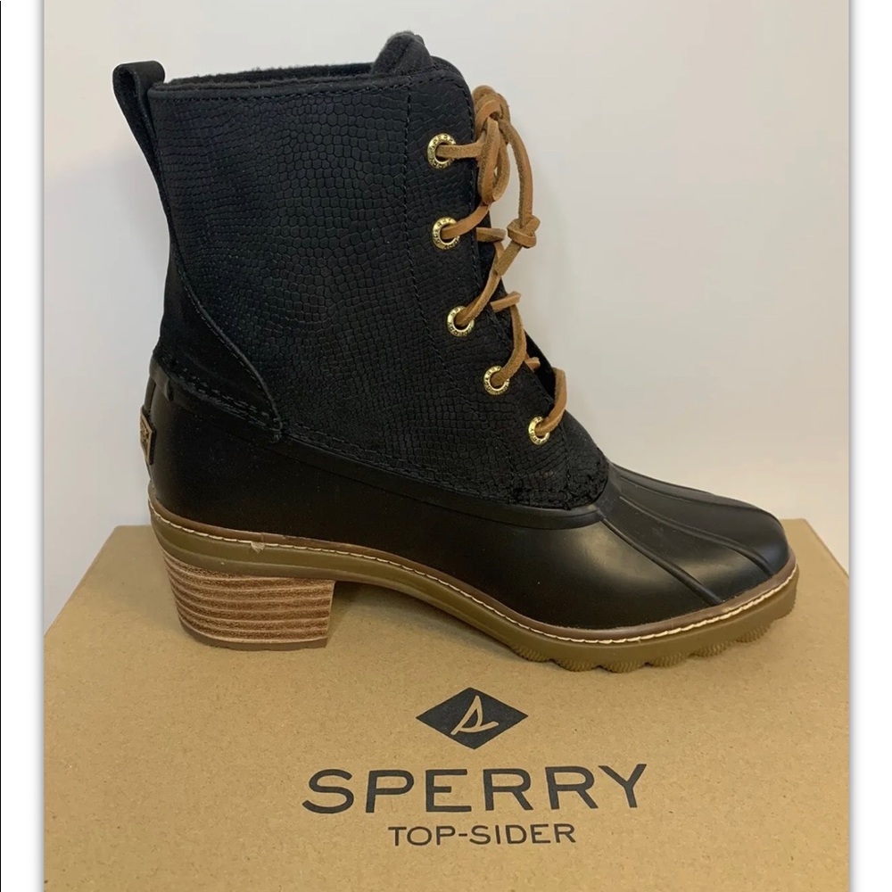 Sperry Black and Brown Heeled Duck Boot